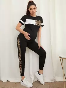 SHEIN Maternity Leopard Panel Top & Contrast Sideseam Sweatpants Set - Black - View 3