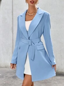 SHEIN Privé 戧駁領腰帶西裝外套 - 淺藍色 - 查看 3