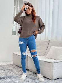 SHEIN PETITE 半高領下肩寬鬆毛衣 - 咖啡棕 - 查看 6