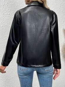 SHEIN Essnce 休閒口袋 前紐扣純色女士常規外套 - 黑色 - 查看 2