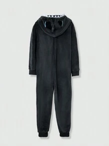 Men Shark Pattern Zip Front Fleece Hooded Loungewear Jumpsuit, For Fall Winter, Fluffy