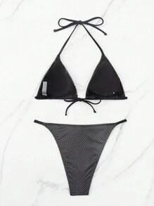 SHEIN Swim Rhinestone Studded Triangle Cup Bikini Set Summer - Black - View 5