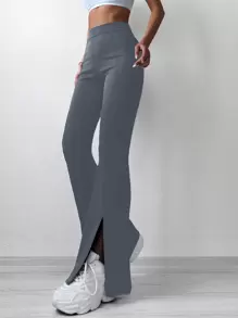 RueChic High Waist Split Hem Flare Leg Pants - Blue - View 3