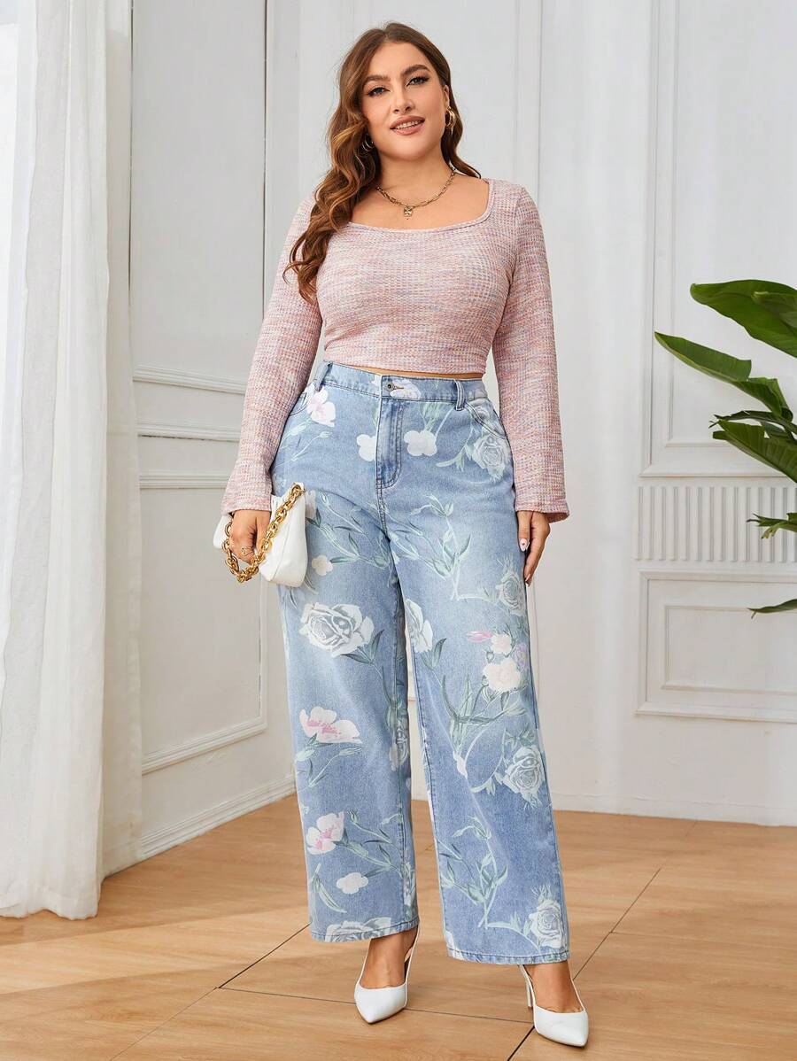 SHEIN Privé Hơn In hoa quần ống rộng Quần jean - Rửa nhẹ - Xem 1