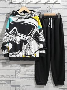 SHEIN Boys And Girls Casual Printed Pattern Hooded Pullover Top Solid Color Pants Knitted Two-piece Set - Black - View 1