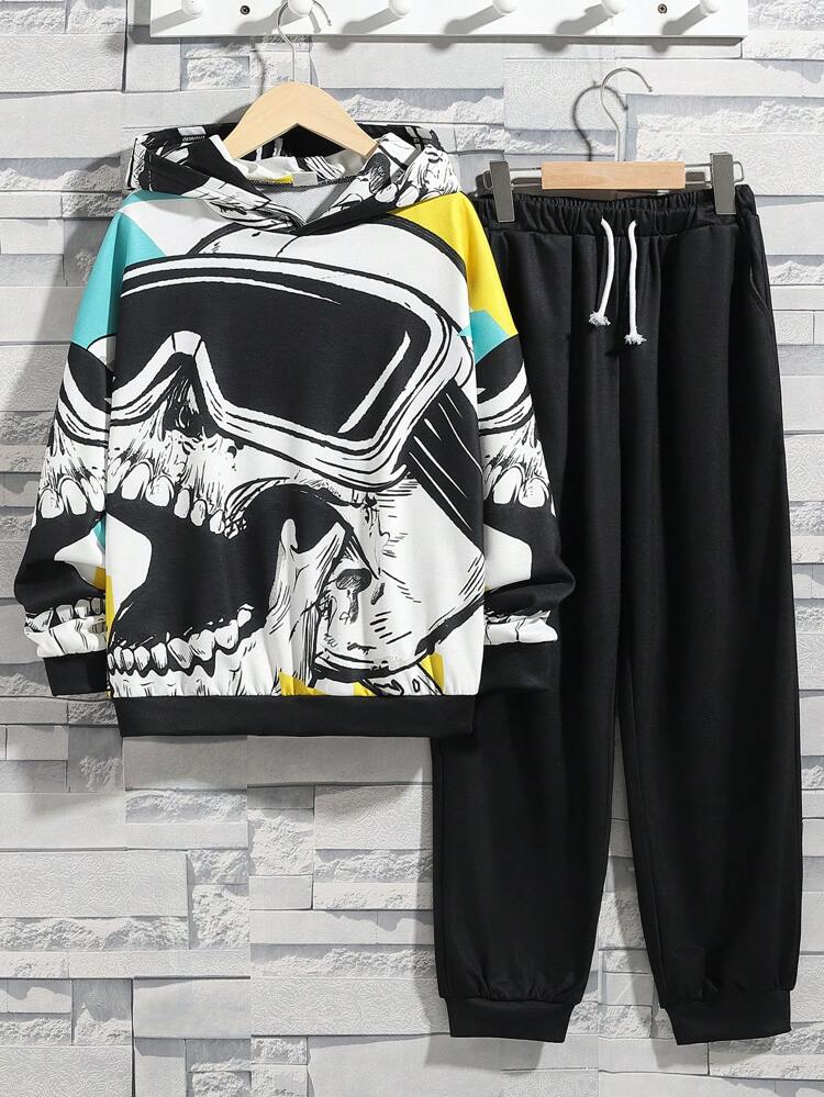 Boys And Girls Casual Printed Pattern Hooded Pullover Top Solid Color Pants Knitted Two-piece Set