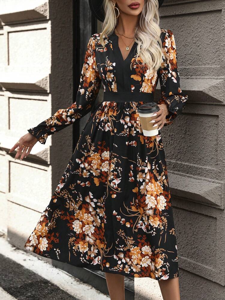 SHEIN LUNE In hoa tay áo lá sen Đầm - màu đen - Xem 4