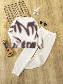 SHEIN Tween Girls' Slouchy Style Graphic Print Sweater Set, Winter - Apricot - View 1