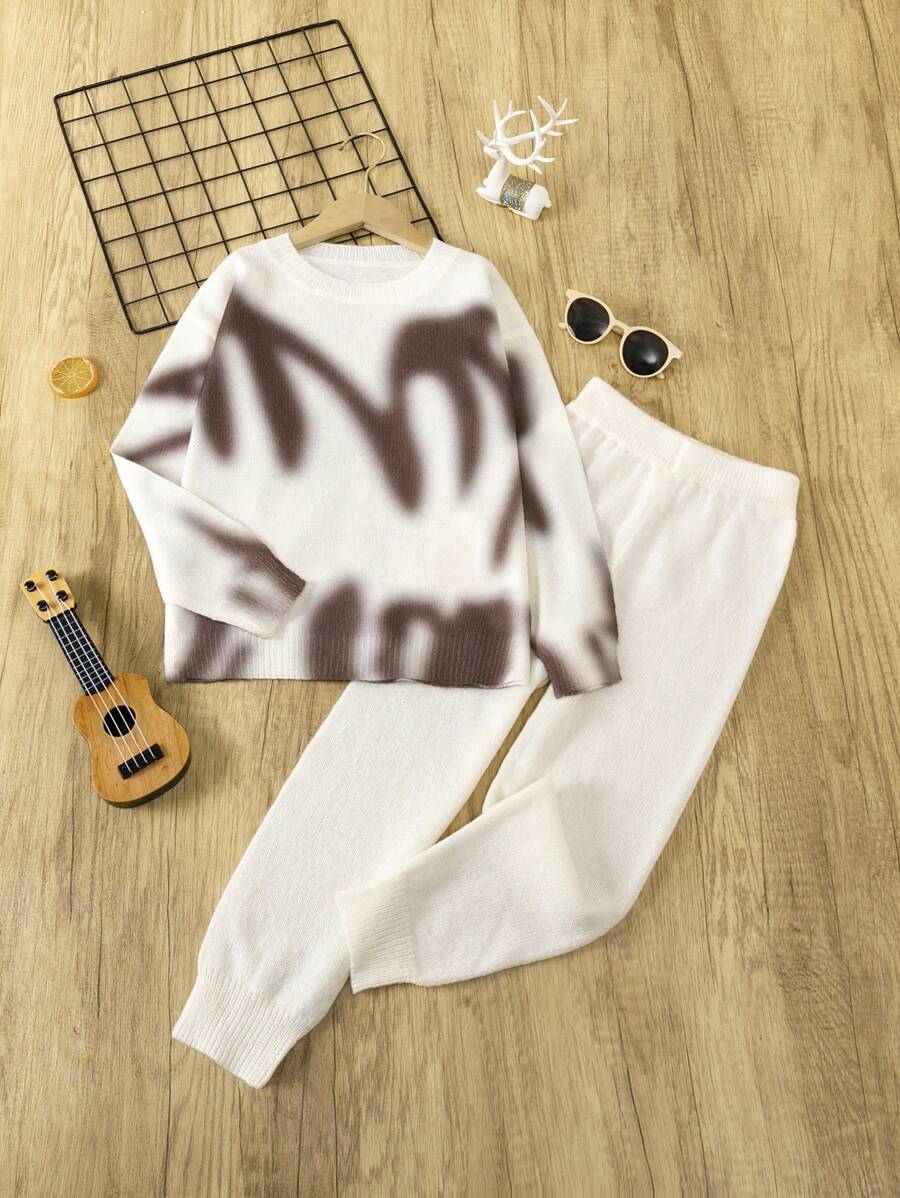 SHEIN Tween Girls' Slouchy Style Graphic Print Sweater Set, Winter - Apricot - View 1