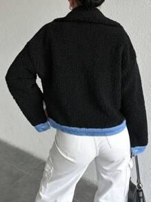 EURMUSE Contrast Trim Flap Pocket Drop Shoulder Teddy Jacket - Black - View 2