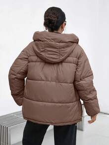 SHEIN Essnce 女士纯色拉链领连帽休闲加厚棉服外套，冬季服装 - 卡其色 - 查看 2