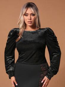 SHEIN SXY Plus Size Women's Puff Sleeve Knot Back Shirt New Years Women Christmas Valentines - Black - View 2