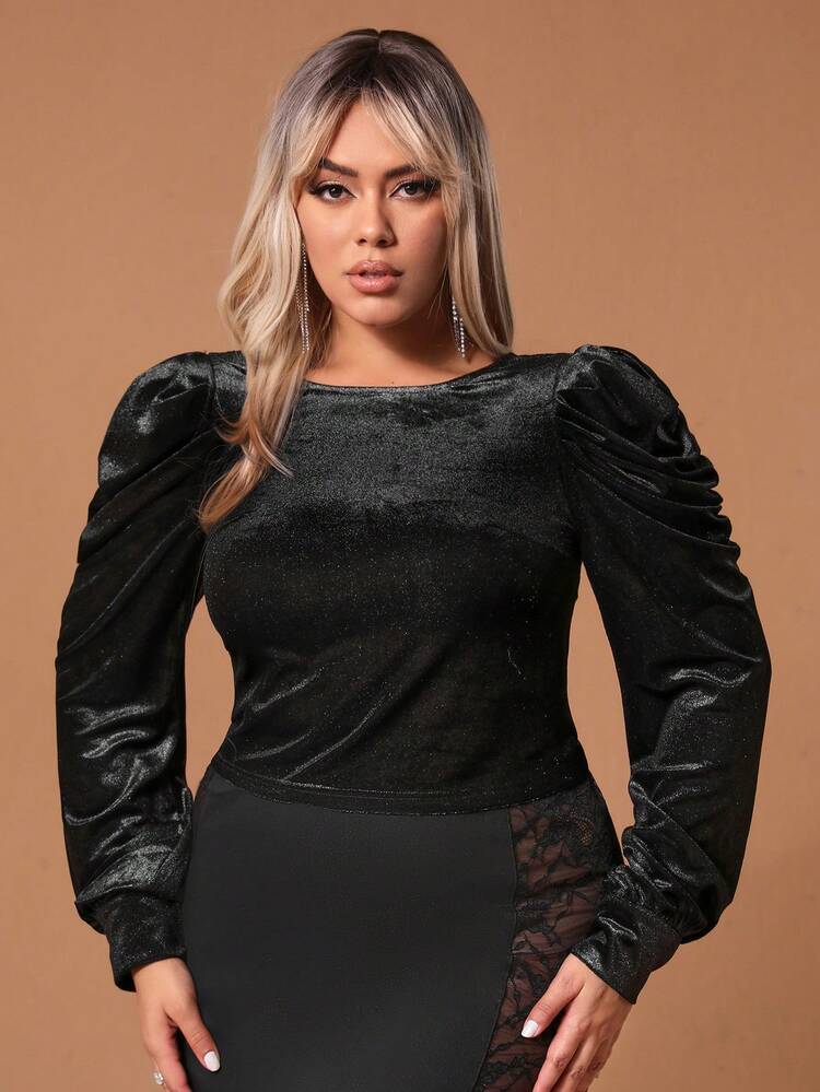 Plus Size Women's Puff Sleeve Knot Back Shirt New Years Women Christmas Valentines