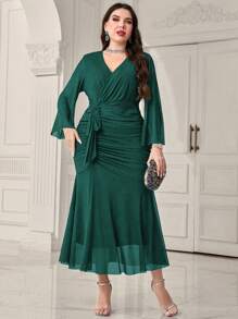 Modelyn Vestido Plisado De Talla Grande Para Mujer Con Dobladillo De Volantes Y Mangas Acampanadas - Verde Oscuro - Ver 3