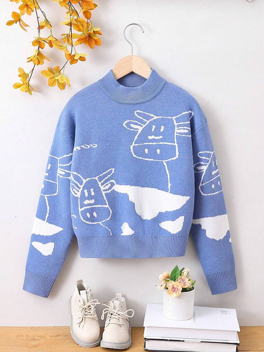 SHEIN Tween Girl Cartoon Pattern Drop Shoulder Mock Neck Sweater - Blue - View 1