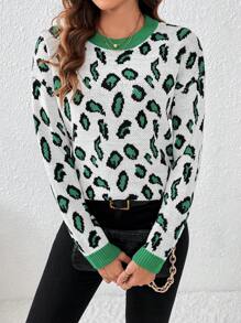SHEIN LUNE Leopard Pattern Contrast Trim Drop Shoulder Sweater Knit Pullover Fall Winter Outfit