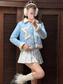 SHEIN EZwear Star Pattern Teddy Lined Jacket - Blue - View 5