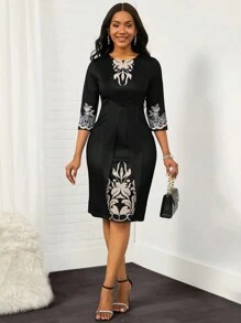 SHEIN Lady 印花二合一緊身洋裝 - 黑色 - 查看 1