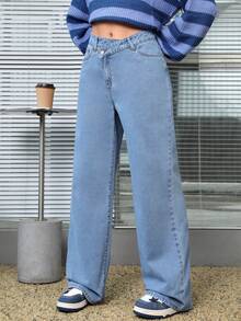 SHEIN EZwear 女式直筒牛仔褲 - 淺色水洗藍 - 查看 5
