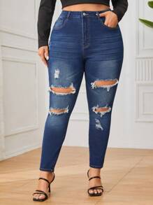SHEIN Privé Plus Size Ripped Skinny Jeans With Diagonal Pockets - Dark Wash - View 1