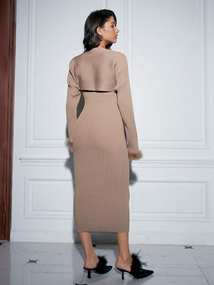 Ribbed Knit Bodycon Halter Dress With Fuzzy Cuff Bolero