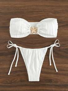SHEIN Swim Summer Beach Bikini Set With Knotted Side And Starfish Detail - White - View 3