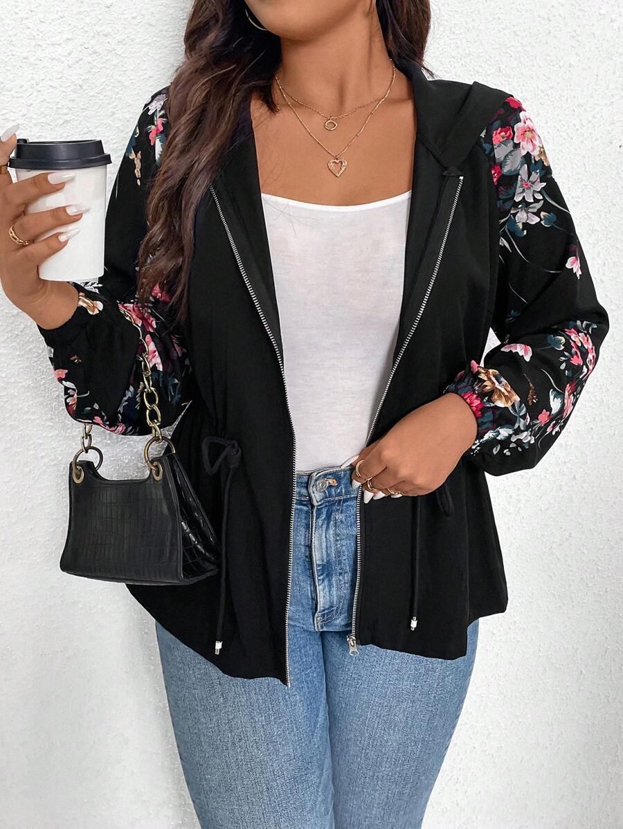 SHEIN LUNE 花卉印花大尺碼女款連帽夾克 - 黑色 - 查看 1
