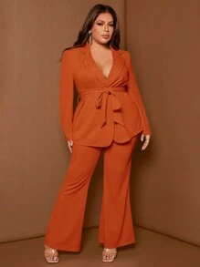 SHEIN SXY 大碼西裝領腰帶西裝外套&喇叭褲 - 橘色 - 查看 1