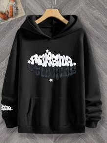 Manfinity EMRG 男士休闲连帽卫衣，字母印花长袖连帽衫，送给朋友、丈夫、男友的礼物，街头风图案连帽衫，复古风连帽衫，秋季款 - 黑色 - 查看 3