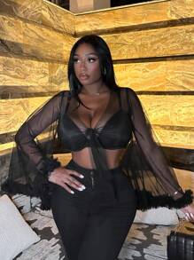 SHEIN Slayr 毛茸茸袖口喇叭袖前打結短款網紗上衣不附胸罩 - 黑色 - 查看 5