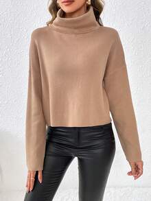 SHEIN LUNE Turtleneck Drop Shoulder Knit Pullover Fall Winter Sweater - Khaki - View 5