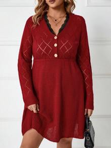 SHEIN LUNE Plus Lace Trim Button Detail Sweater Dress - Red - View 4