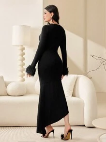 Modelyn Fuzzy Cuff Button Detail Mermaid Hem Sweater Dress Without Belt - Black - View 2