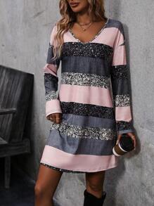 SHEIN LUNE Vestido estilo camiseta de hombros caídos con estampado de dibujo de color combinado