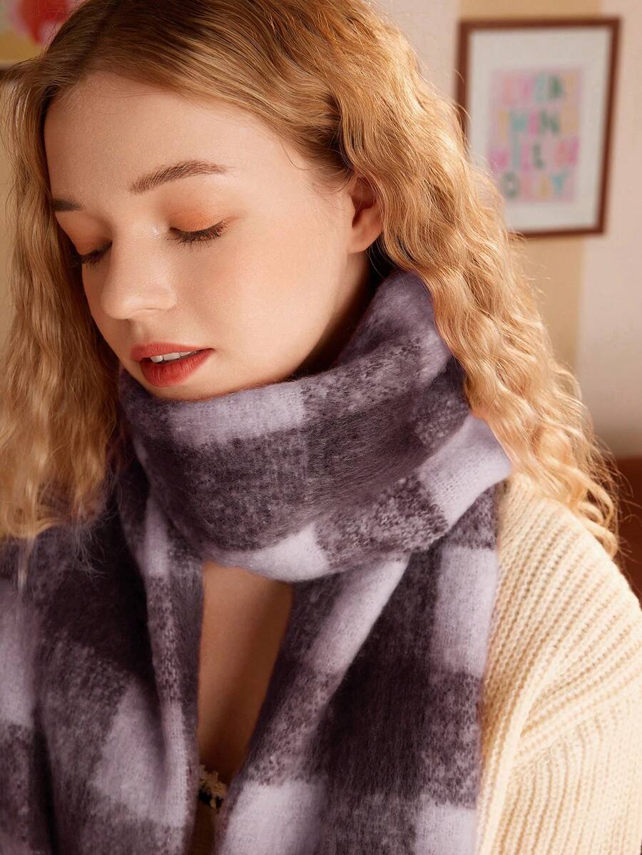 SHEIN MOD Plaid Print Fringe Edge Fashionable Scarf - Baby Pink - View 1