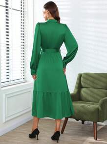 SHEIN Clasi 女士長袖襯衫裙,帶蕾絲邊 - 綠色 - 查看 2