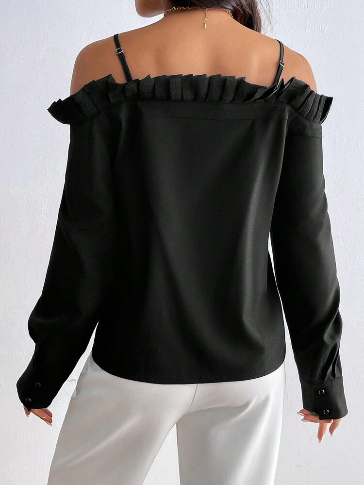 Women's Neckline Pleated Front Button-Up Shirt With Ruffle Trim