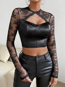 Allurite Ren tương phản Cắt ra phía trước Top Cây trồng - màu đen - Xem 3