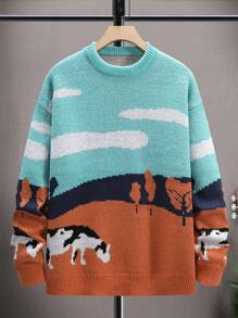 Manfinity Hypemode Nam Họa tiết động vật Khối màu Thả vai Áo len - trái cam - Xem 3