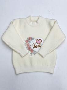 SHEIN 女小童心&花卉刺繡套頭毛衣 - 米色 - 查看 1