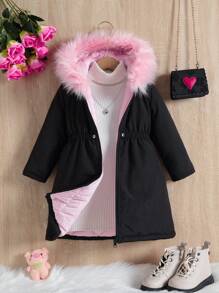 SHEIN Little Girls' Thickened Coat With Long Length And Collar - Black - View 1