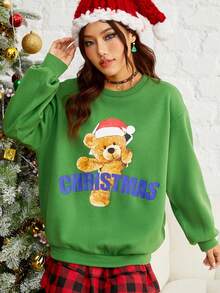 SHEIN EZwear Giáng sinh Đồ họa chữ cái & Gấu Thả vai Áo nỉ - màu xanh lá - Xem 4