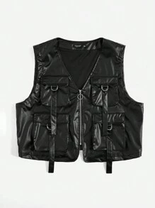 SHEIN EZwear 大碼翻蓋口袋拉鏈開襟皮革外觀夾克背心 - 黑色 - 查看 3