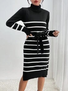 SHEIN Privé Mẫu sọc Áo cao cổ Viền chia cắt Thắt lưng Đầm Áo len - Đen và trắng - Xem 1