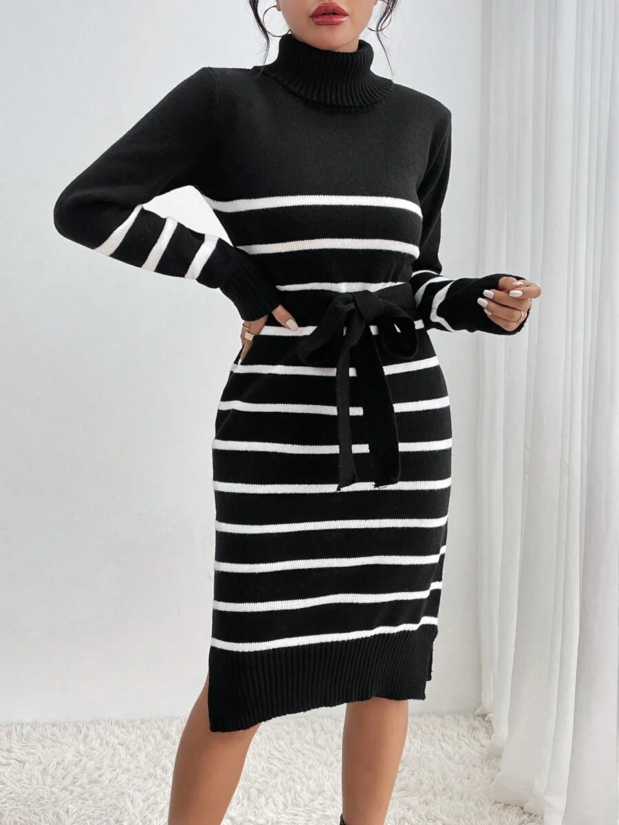 SHEIN Privé Mẫu sọc Áo cao cổ Viền chia cắt Thắt lưng Đầm Áo len - Đen và trắng - Xem 1