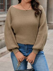 SHEIN LUNE 加大码不对称领灯笼袖针织套头衫秋冬毛衣 - 駝色 - 查看 6