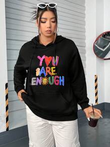 Flirla Plus Slogan Graphic Kangaroo Pocket Drop Shoulder Drawstring Hoodie - Black - View 4