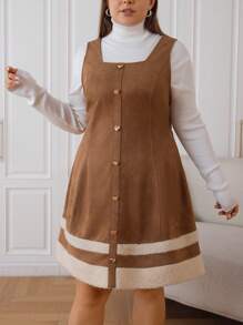 SHEIN EZwear Plus Size Color Block Suedette Suspender Dress - Khaki - View 6