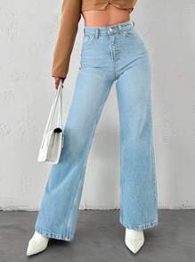 EURMUSE High Waisted Straight Leg Jeans - Light Wash - View 5