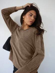 SHEIN Essnce 純色毛絨 T 卹 - 咖啡棕 - 查看 1